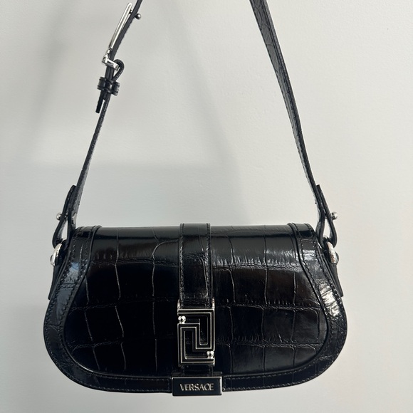 Versace Greca Goddess Mini Black Croc-Embossed Shoulder Bag - Includes Dust Bag - Picture 1 of 11